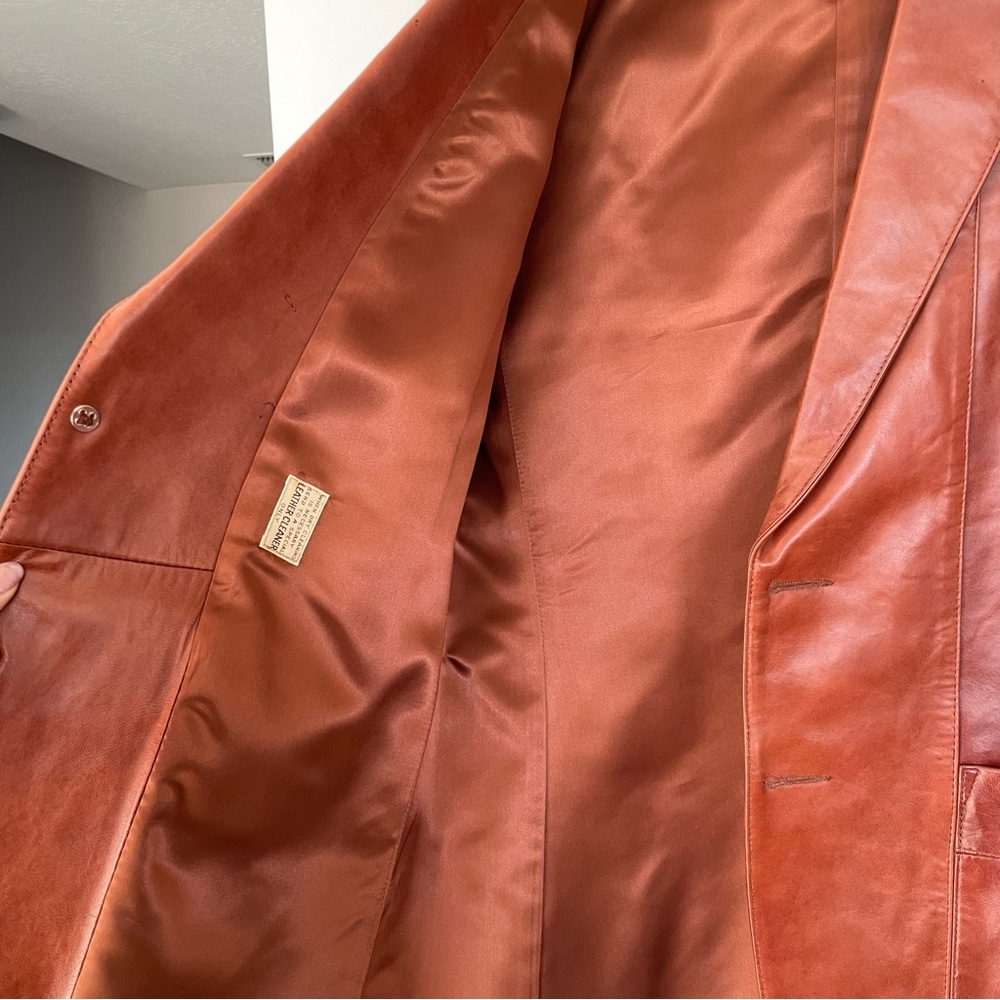 Remy Vintage Brown Leather Jacket Blazer Size 42 Long Unisex Classic Genuine - Picture 3 of 6